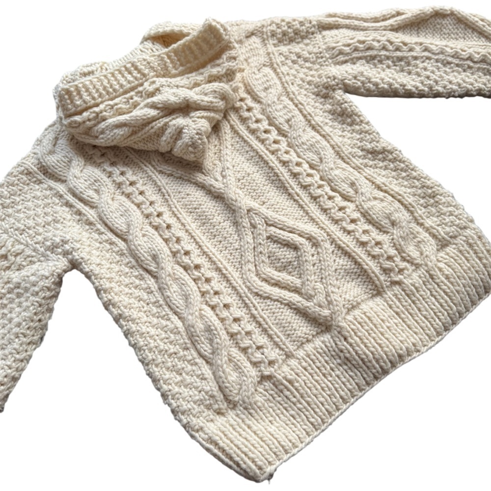HandKnit Fisherman Cable Knit Wool Hoodied Zip Cardigan Sweater White M / OS - Picture 2 of 7